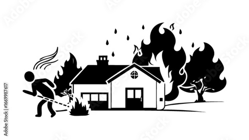 Urgent fire emergency with house ablaze and a person attempting to extinguish the flames, a critical moment for safety awareness and disaster response, a powerful visual metaphor