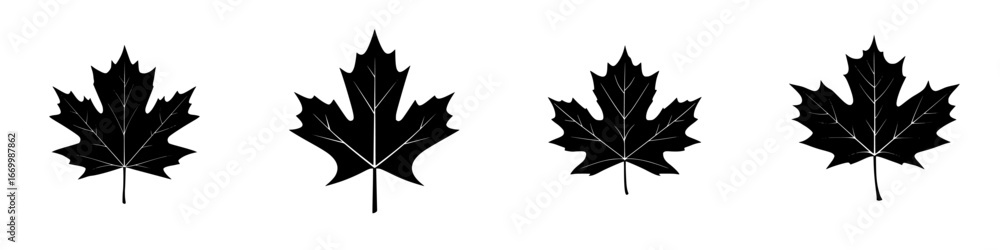 Naklejka premium Four black silhouette maple leaves in a row showcasing unique shapes and textures against a white background