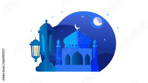 Serene Ramadan night illustration of a mosque and lantern under the moonlight, perfect for greeting cards and festive designs, conveying peace and tradition, a modern, stylish tribute