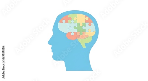 Wallpaper Mural A stylized illustration of a head in profile view, displaying a brain composed of various-colored puzzle pieces, highlighting the complex nature of the mind. Torontodigital.ca