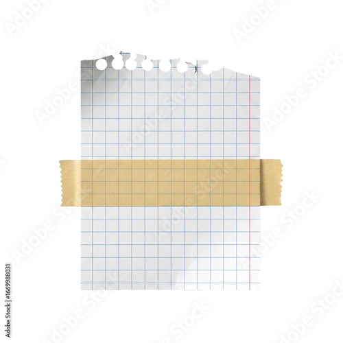 A sheet of torn graph paper held together by a strip of tan tape against a plain view on transparent background