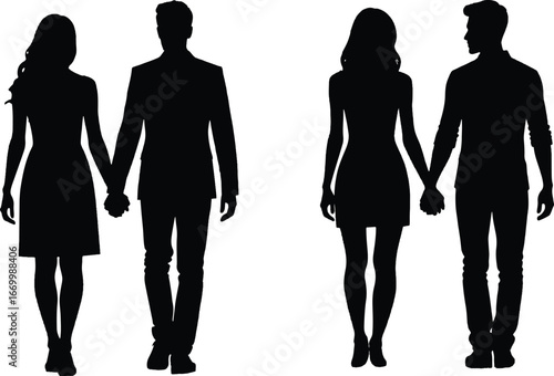 Silhouette of Couple Holding Hands Walking Together Isolated on White Background
