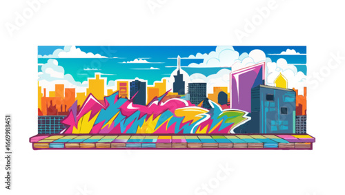 Vibrant city skyline illustration with graffiti art adding dynamic urban flair, perfect for modern design projects, creative campaigns, or edgy backgrounds needing a burst of color