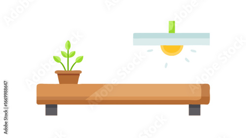 Nurturing growth indoors with a plant under a modern grow light, perfect for sustainable living and indoor gardening inspiration on shelves, a vector design element, originally scalable