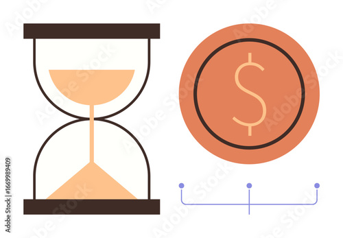 Hourglass symbolizing time beside a dollar coin, linked by a diagram representing time management, productivity, finance, savings, opportunity cost, strategy, economic value. A simple flat metaphor