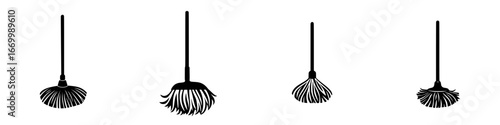 Different broom designs arranged vertically showcasing their unique shapes and bristle styles in a minimalist format