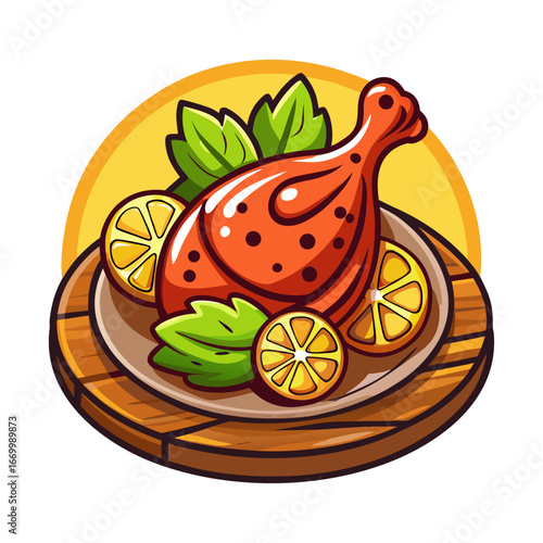Delicious Tandoori Chicken Vector on Wooden Plate with Fresh Lemon Wedges – Authentic Indian Cuisine Food Illustration for Restaurant Menu Design