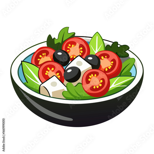 Fresh Greek Salad Vector Illustration with Olives, Feta Cheese, Tomatoes, Healthy Mediterranean Food Clipart for Restaurant Menu and Culinary Design