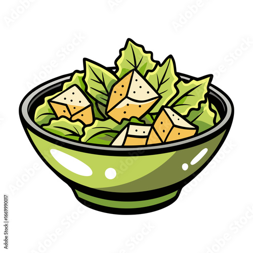 Fresh Caesar salad vector illustration with parmesan cheese, crunchy croutons, lettuce greens, healthy food design, restaurant menu decoration artwork