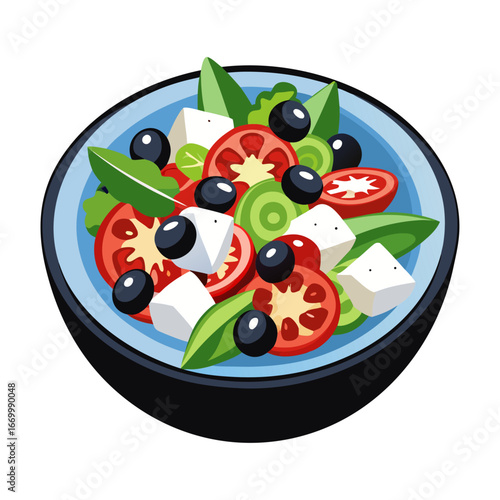 Fresh Greek Salad Vector Illustration with Olives, Feta Cheese, Tomatoes, Healthy Mediterranean Food Clipart for Restaurant Menu and Culinary Design