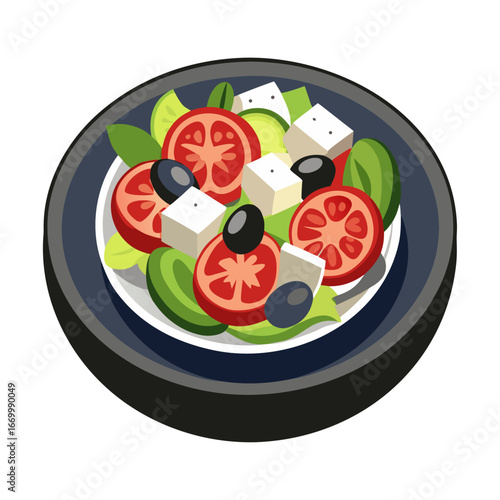 Fresh Greek Salad Vector Illustration with Olives, Feta Cheese, Tomatoes, Healthy Mediterranean Food Clipart for Restaurant Menu and Culinary Design
