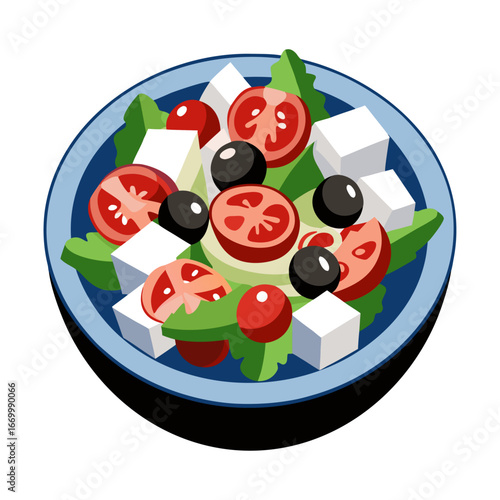 Fresh Greek Salad Vector Illustration with Olives, Feta Cheese, Tomatoes, Healthy Mediterranean Food Clipart for Restaurant Menu and Culinary Design