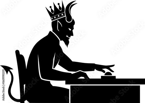Black and white vector silhouette illustration of diabolical political leader pressing the button of destruction