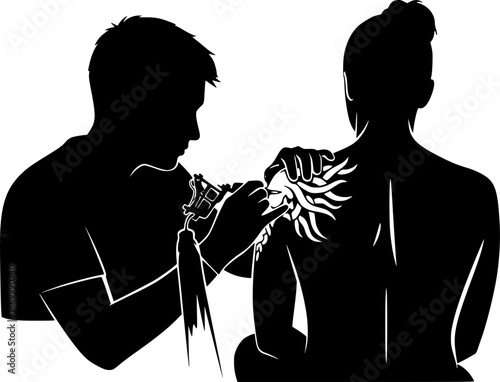 Black silhouette of a tattoo artist at work vector, working on client back
