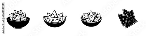 Different styles of tortilla chips presented in bowls and plates on a plain background