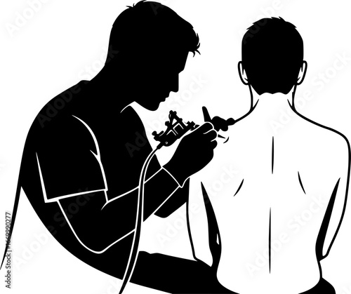 Black silhouette of a tattoo artist at work vector, working on client back
