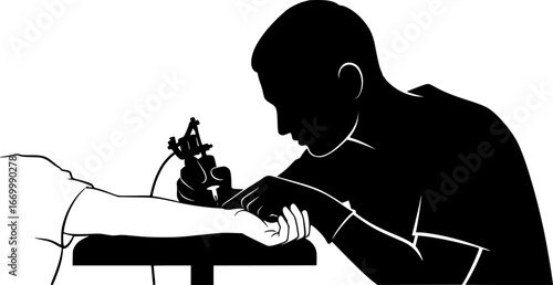 Black silhouette of a tattoo artist at work vector, working on client arm

