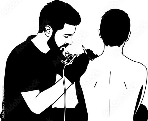 Black silhouette of a tattoo artist at work vector, working on client back
