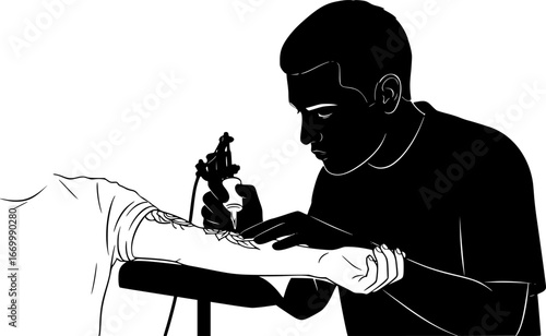 Black silhouette of a tattoo artist at work vector, working on client arm

