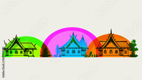 Three colorful houses with trees and semi circles overlapping each other on a white background view