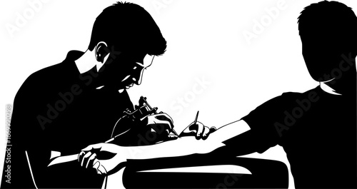 Black silhouette of a tattoo artist at work vector, working on client arm

