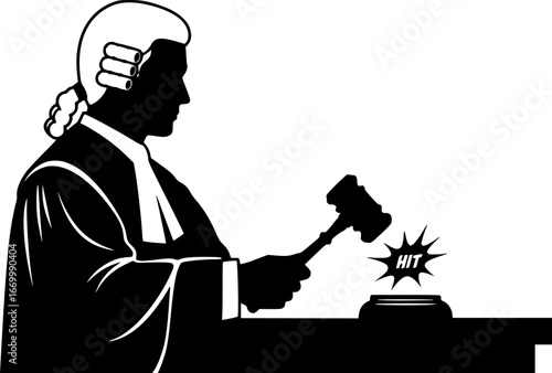 A judge hitting with his gravel, black and white vector silhouette on a.white background