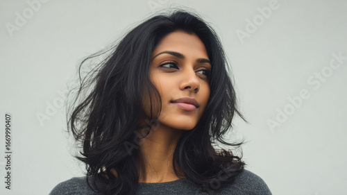 Young beautiful indian woman waving black and shiny hair