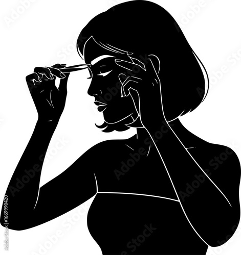 A Woman styling her eyebrows with tweezers.