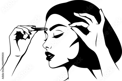 A Woman styling her eyebrows with tweezers.