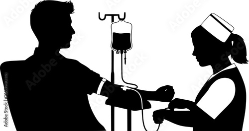 Silhouette of a young man donating blood, Black and white vector illustration
