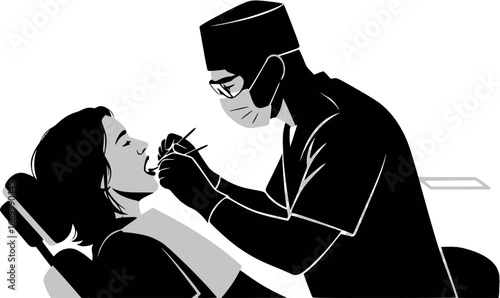 Vector illustration of a dentist examining a patient in a dental chair.
