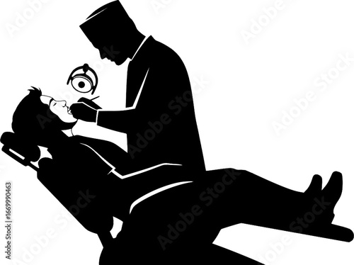 Vector illustration of a dentist examining a patient in a dental chair.
