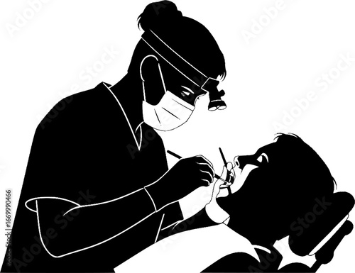 Vector illustration of a dentist examining a patient in a dental chair.
