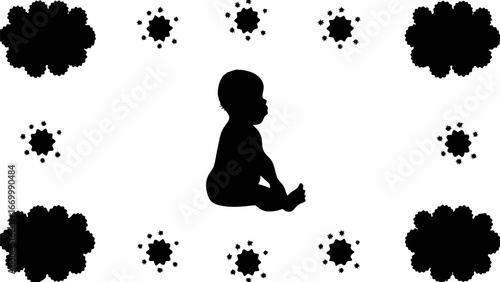 Silhouette of a baby sitting surrounded by flower like shapes in a symmetrical arrangement on a white background