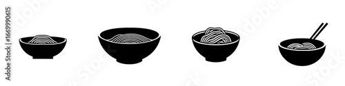 Different styles of noodle bowls displayed with varying shapes and sizes in minimalist design