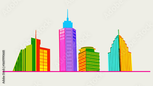 Colorful cartoon cityscape illustration with various buildings and a pink horizon line drawn