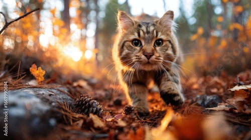 A curious tabby cat explores a picturesque autumn forest, showcasing its playful spirit as it navigates through colorful leaves and natural beauty under the golden sunlight.