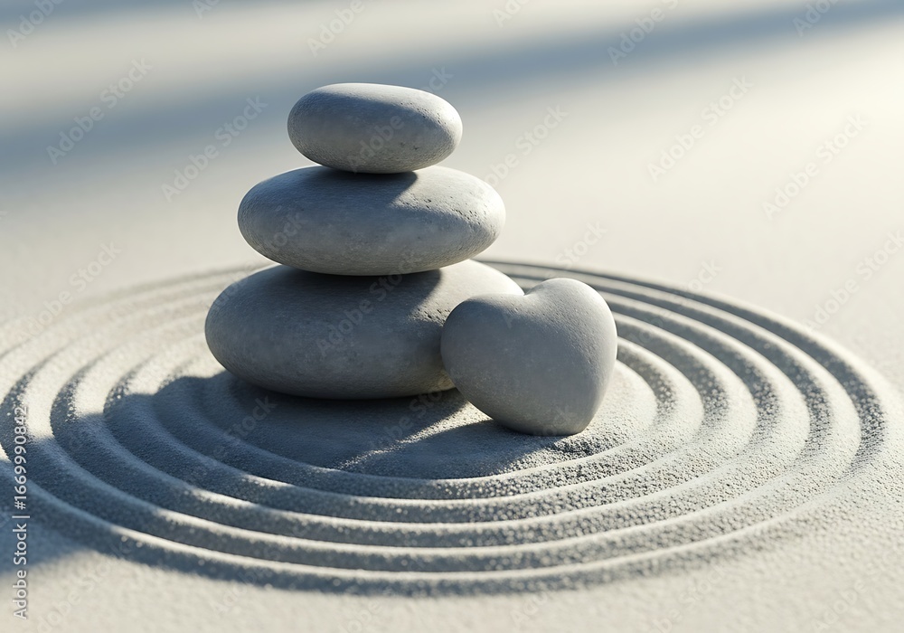 Fototapeta premium A serene arrangement of stacked stones and heart-shaped stones rests gently on a bed of sand, creating a tranquil and peaceful scene.