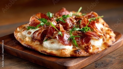 Wallpaper Mural An appetizing flatbread pizza garnished with prosciutto and fresh greens, served on a wooden platter, showcasing the fusion of flavors and culinary art. Torontodigital.ca