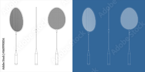 Badminton racket blueprint technical line drawing vector illustration — sports equipment design
