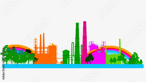 Colorful industrial landscape with rainbow and trees on a blue base against white background