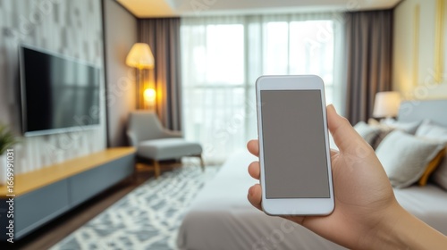 Hand holding smartphone with blank screen in a modern bedroom, showcasing smart home technology and interior design.