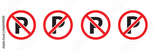 No car Parking area icon set. Prohibited Car parking symbol. Parking area icon with Prohibited sign
