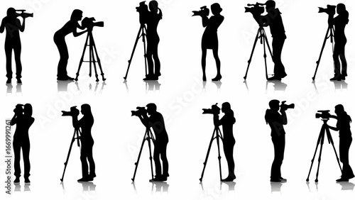Silhouette depiction of multiple photographers with cameras and tripods in various poses and positions