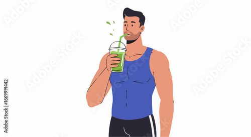 Fit man drinking green smoothie in tank top while enjoying health  