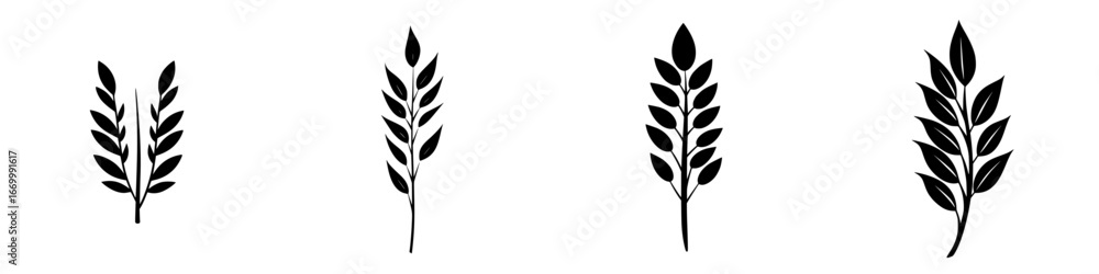 Collection of four black silhouette leaf illustrations arranged vertically on a white background for design use