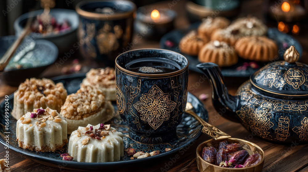 Fototapeta premium Arabic Cuisine; Eid sweets(kahk, maamoul or mamoul ,biscuits, petit four) Cookies for celebration of El-Fitr Islamic Feast Ramadan sweets. Delicious traditional biscuits and maamoul or mamoul top view