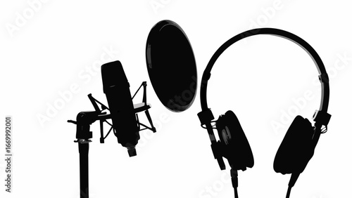 Silhouette of studio microphone with pop filter and headphones on a white background setup