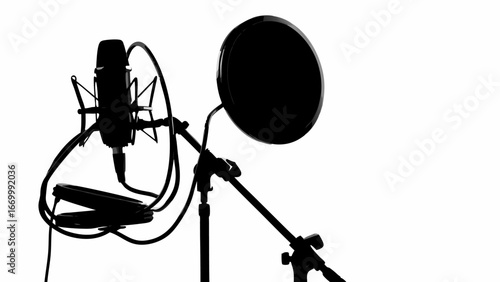Silhouette of a studio microphone with pop filter and shock mount on a white background scene setup