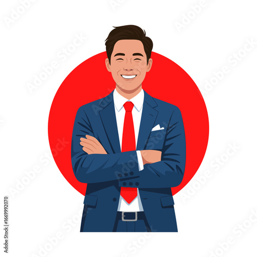 Portrait of a happy Asian man with crossed arms flat vector